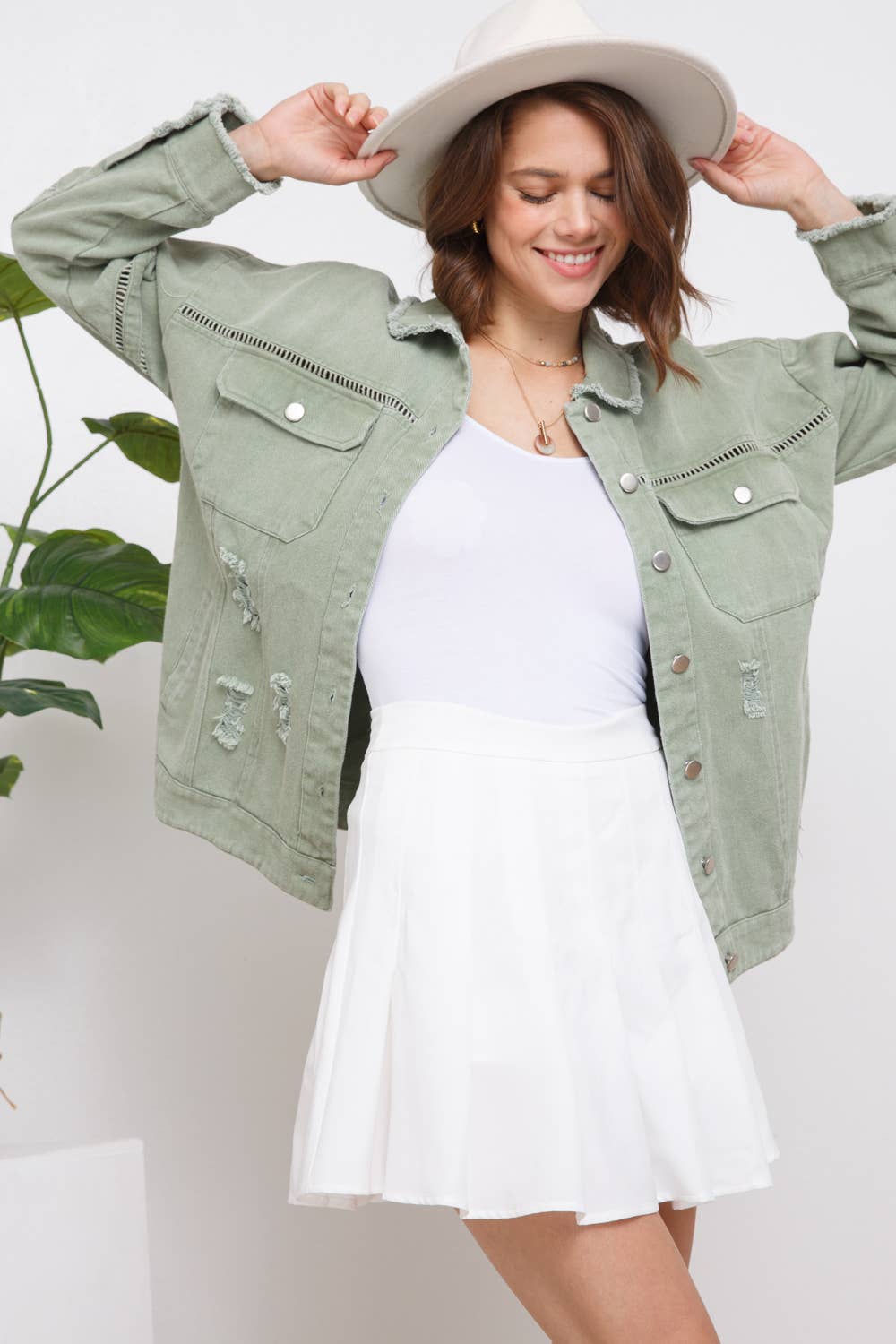 31431J - Washed Trim Detail Snap Up Twill Distressed Jacket