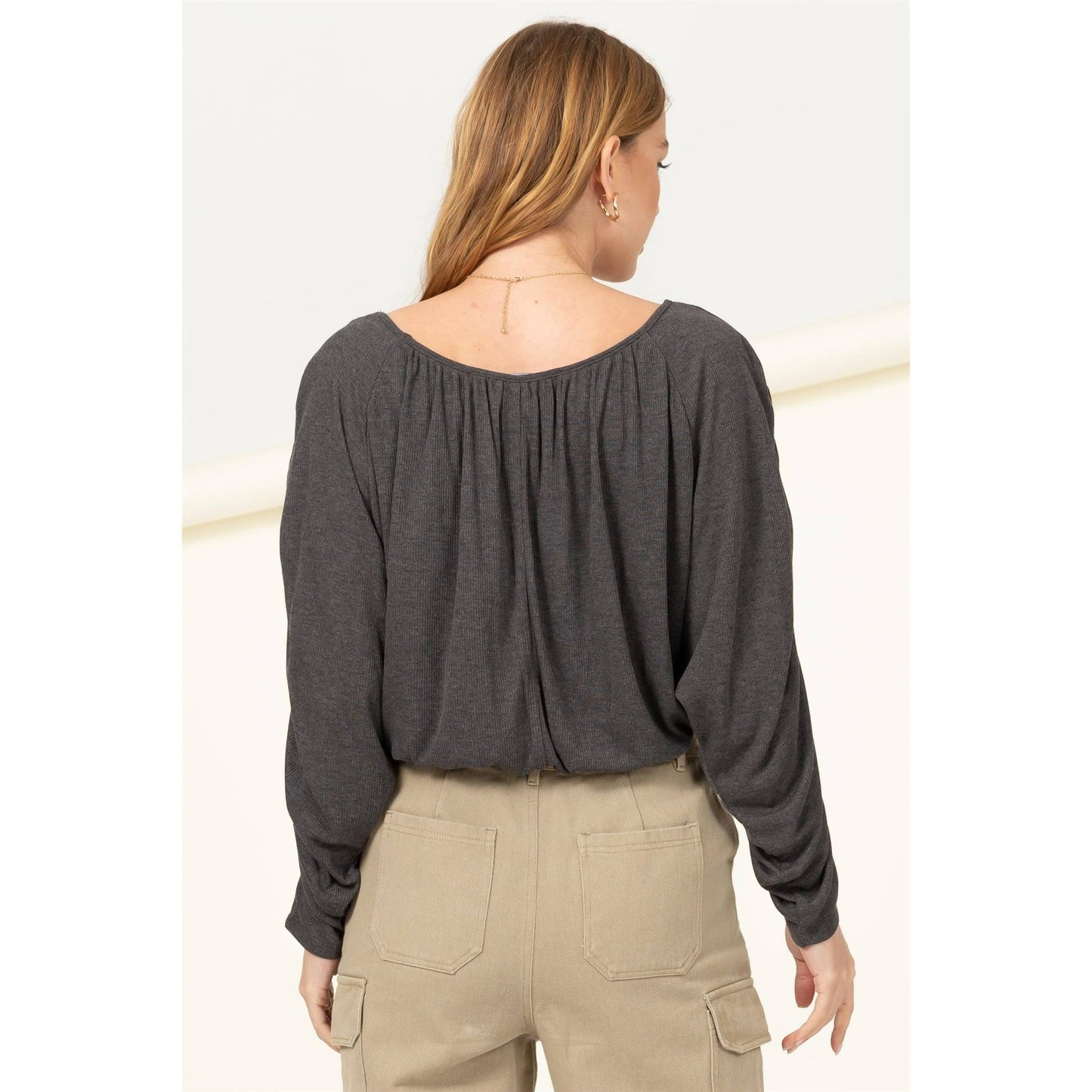 HF21F952-Boat Neck Shirred Dolman Sleeve Blouse