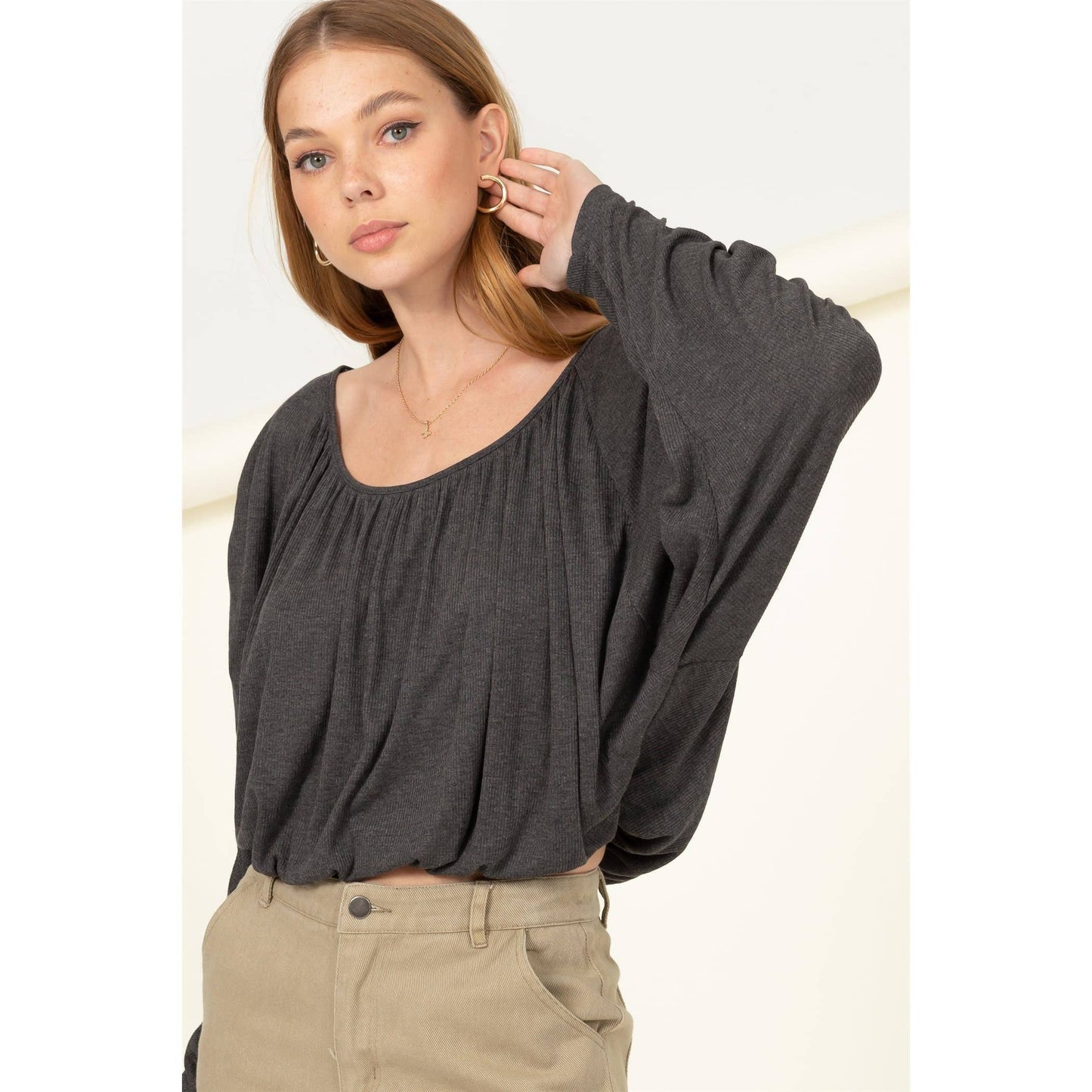 HF21F952-Boat Neck Shirred Dolman Sleeve Blouse