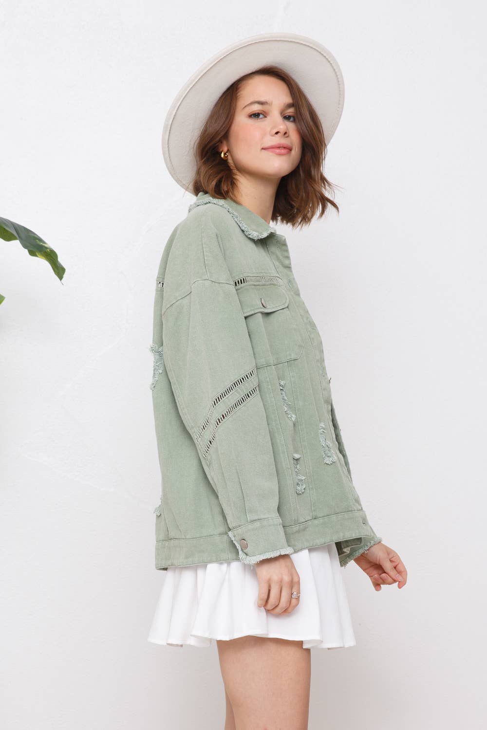 31431J - Washed Trim Detail Snap Up Twill Distressed Jacket