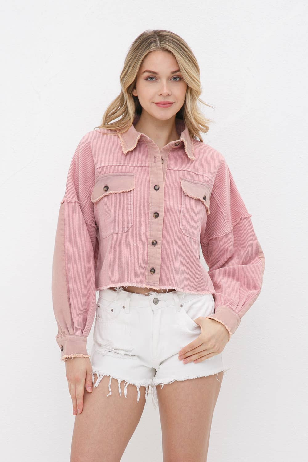 31508J - Washed Corduroy Contrast Detail Crop Grayed Jacket