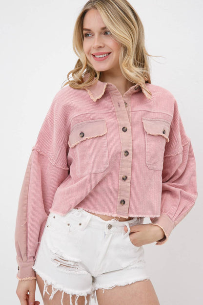 31508J - Washed Corduroy Contrast Detail Crop Grayed Jacket