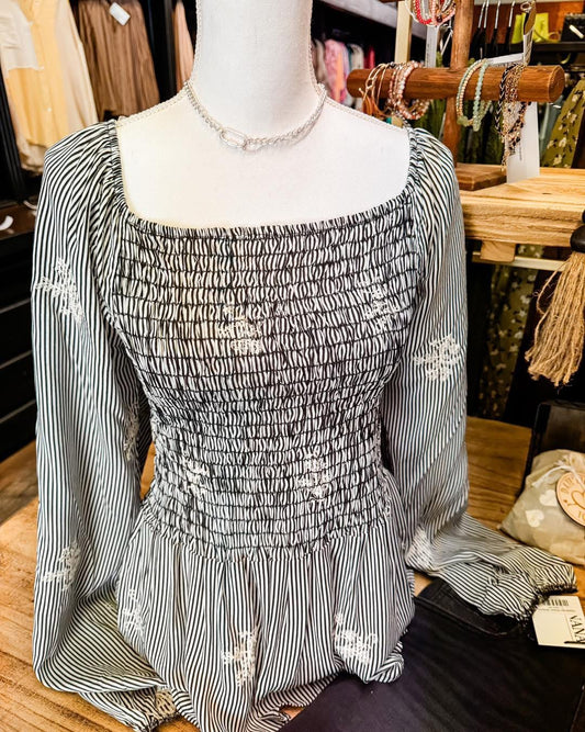 Black Smocked Longsleeve Top