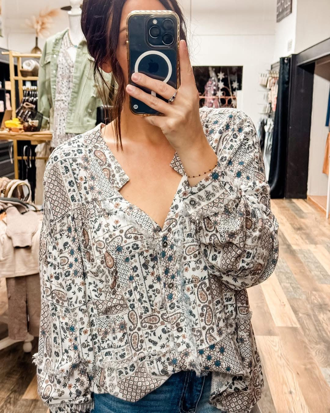 34289T - Rayon Dobby Paisley Print Button Up Shirt Blouse