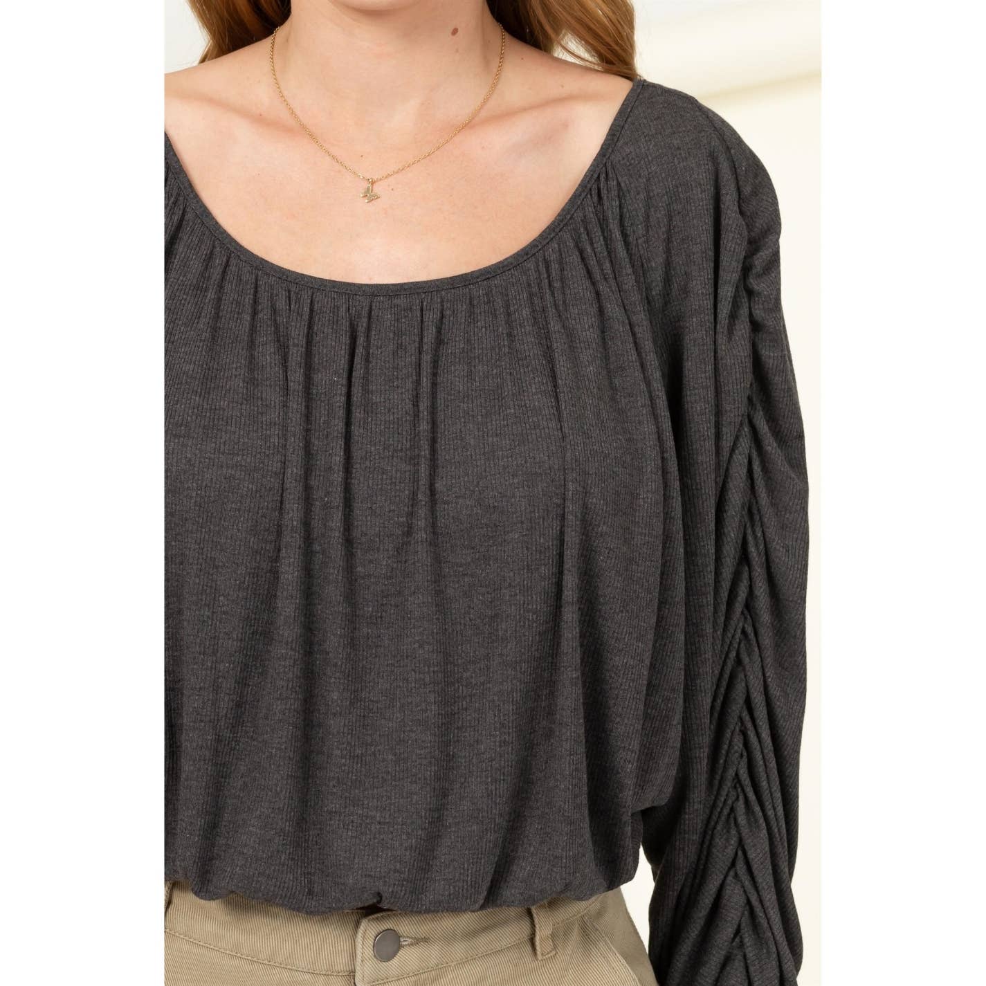 HF21F952-Boat Neck Shirred Dolman Sleeve Blouse