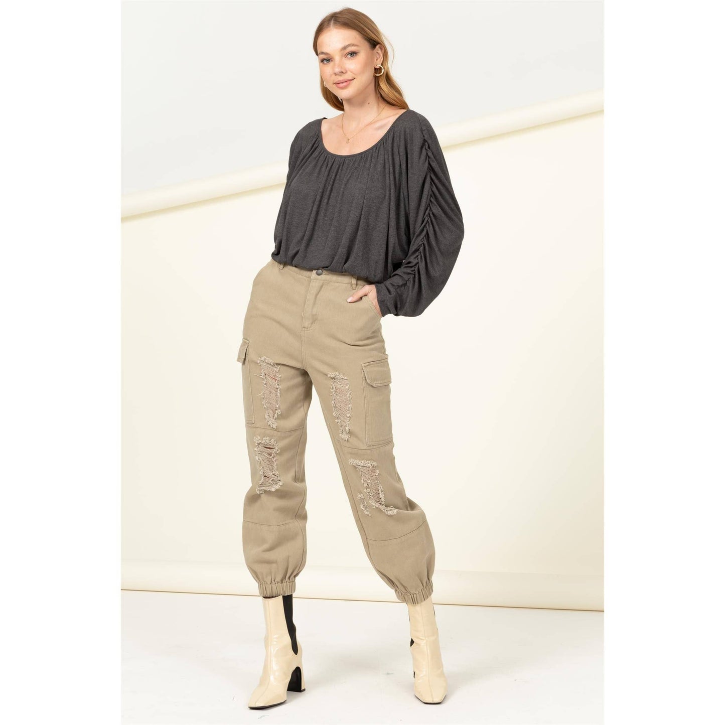 HF21F952-Boat Neck Shirred Dolman Sleeve Blouse