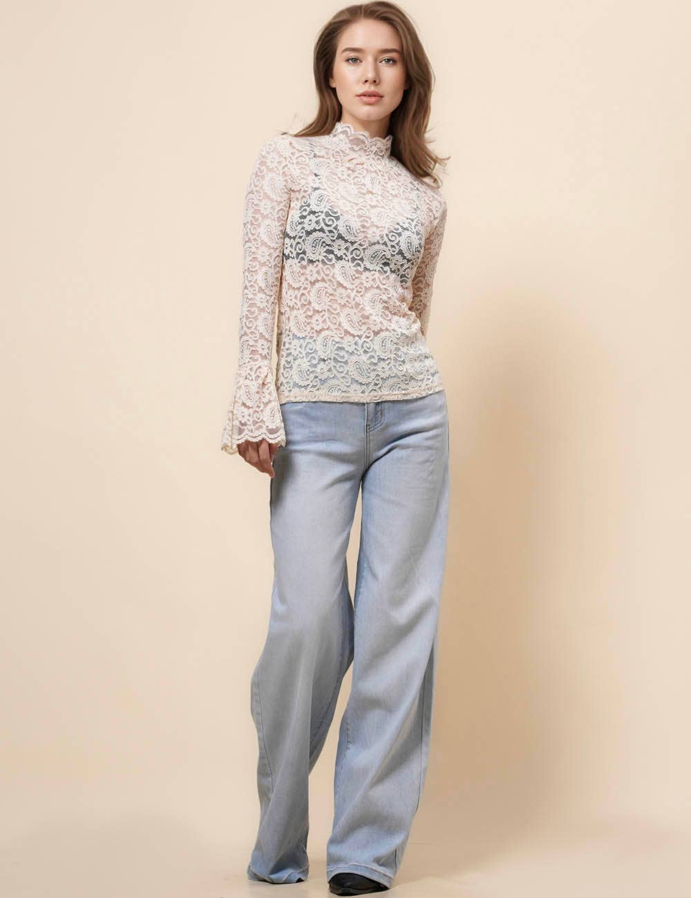 Ladies See Sheer Lace Blouse Layring Top SKT41019