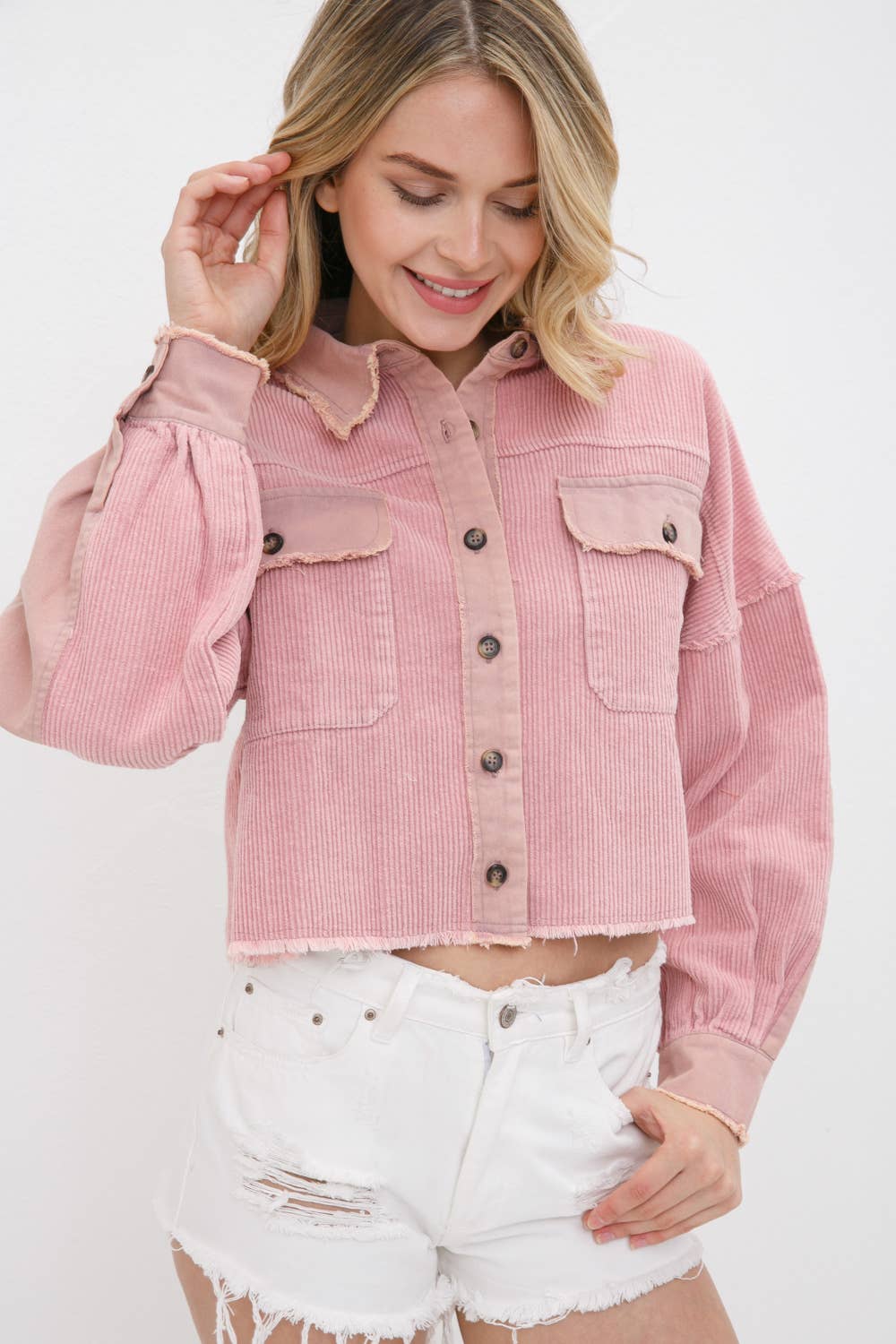 31508J - Washed Corduroy Contrast Detail Crop Grayed Jacket